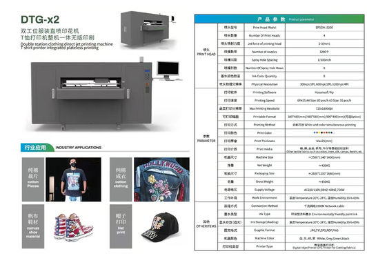 Impressora DTG de 8 cores de tinta com 3200 Pcs de bicos e formato imprimível 380x480mm/ 480x580mm/ 900x480mm